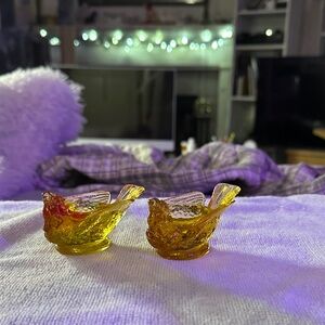 Amber glass Degenhart Birds With Cherry Salt Cellars/Candle Holders
